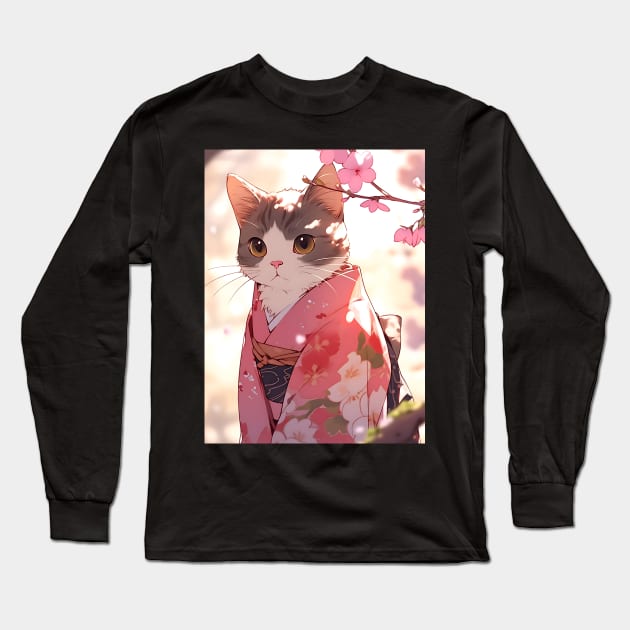 Cute Adorable Cat wearing a Kimono - Anime Wallpaper Long Sleeve T-Shirt by KAIGAME Art